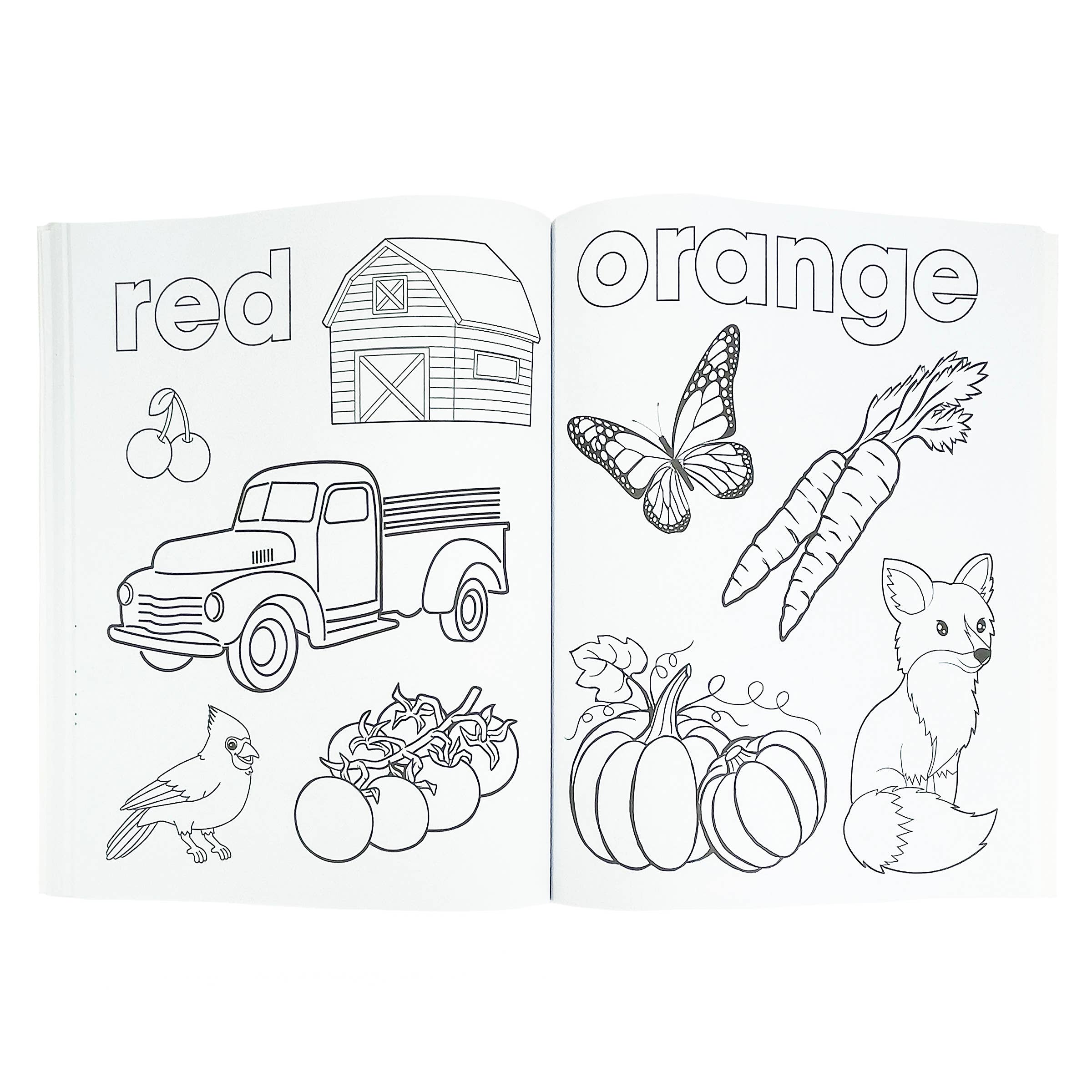 Coloring book pages with illustrations and text for color learning.