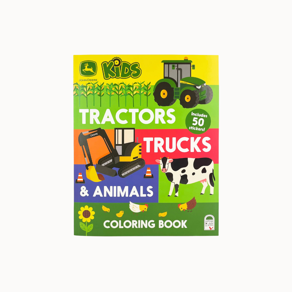 John Deere Kids Tractors, Trucks & Animals Coloring Book with 50 stickers, featuring colorful illustrations of farm vehicles and animals on a light gray background.