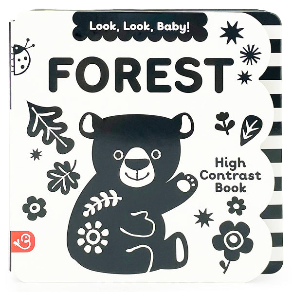 Children's book titled 'Look, Look, Baby! Forest' with a bear illustration on a black and white striped background.