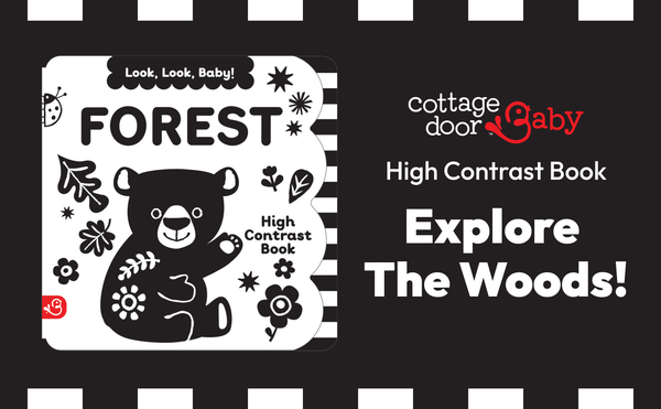 High contrast book titled 'Forest' by Cottage Door Baby on a black background with white stripes.