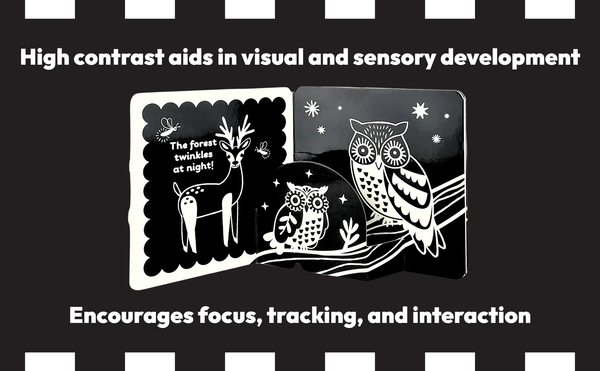 Black and white illustration of a deer and owl with text on a black background, promoting high contrast for development.