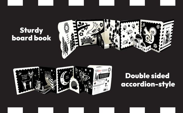 Sturdy board book with accordion-style design on a black background