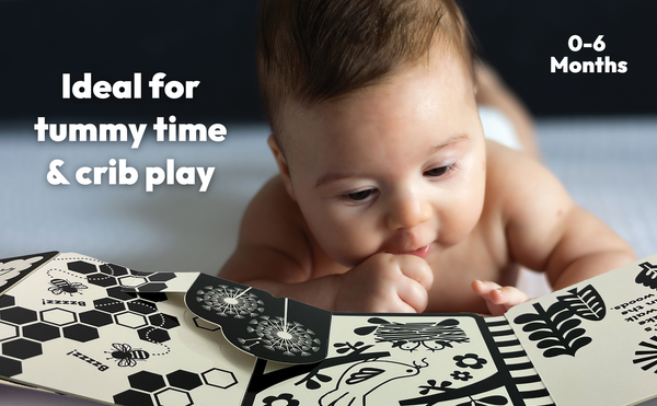 Baby lying on a play mat with text indicating it's ideal for tummy time and crib play.