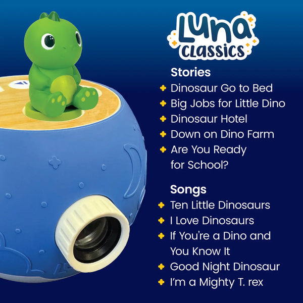 Blue dinosaur toy with green dinosaur figure on top, featuring Luna Classics branding and list of stories and songs.