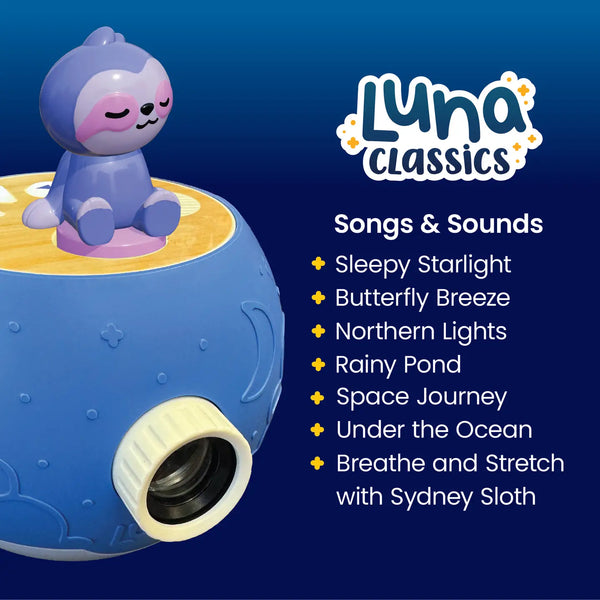 Children's toy with a purple character on top, featuring Luna Classics branding and a list of songs and sounds.