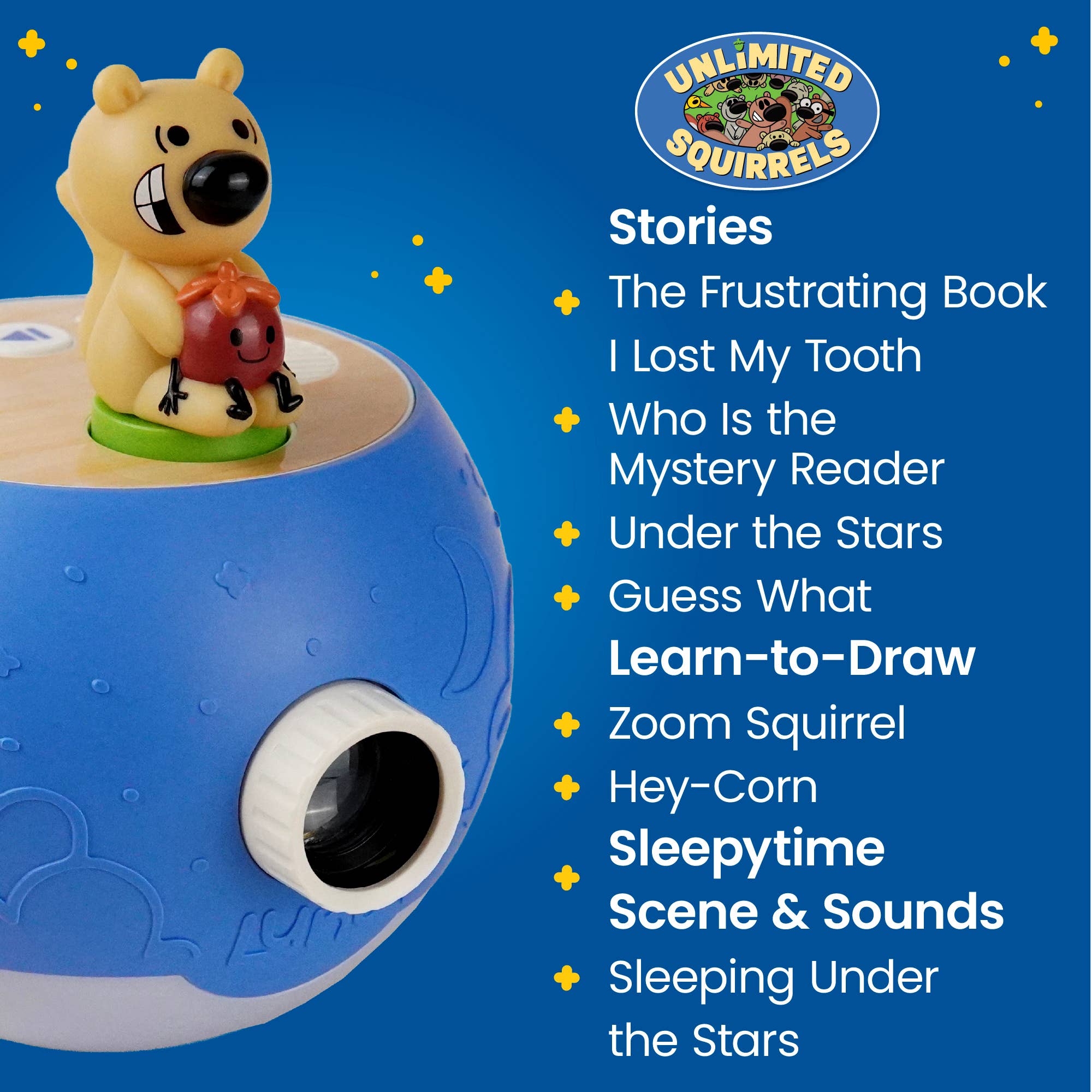 Toy with a bear figure on top, featuring a list of stories on a blue background with 'Unlimited Squirrels' logo.