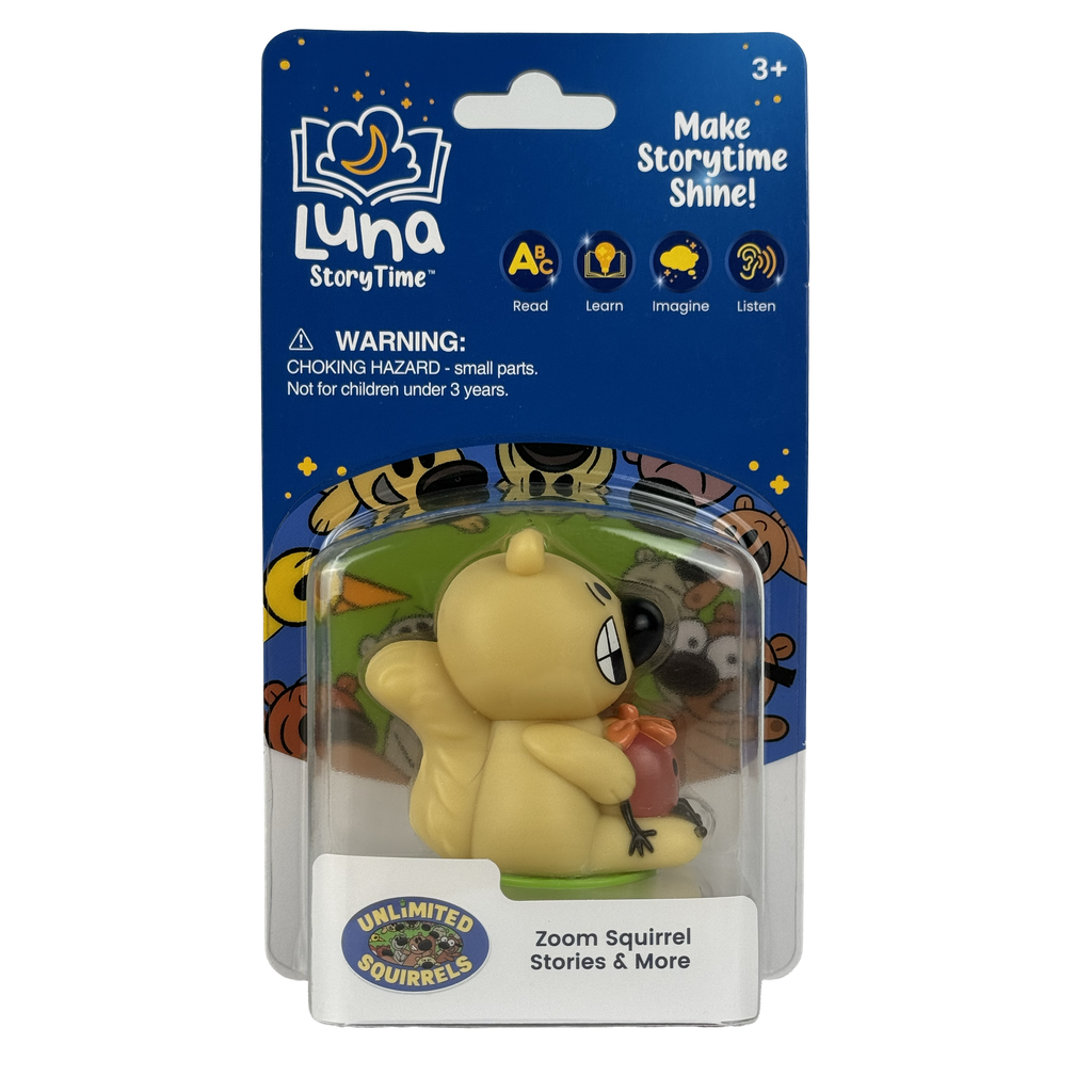 Luna StoryTimeZoom Squirrel figurine in packaging with branding and product details.