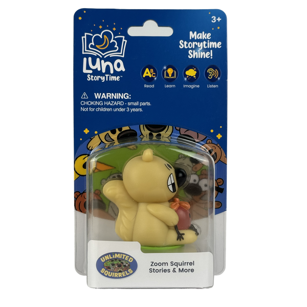 Luna StoryTimeZoom Squirrel figurine in packaging with branding and product details.