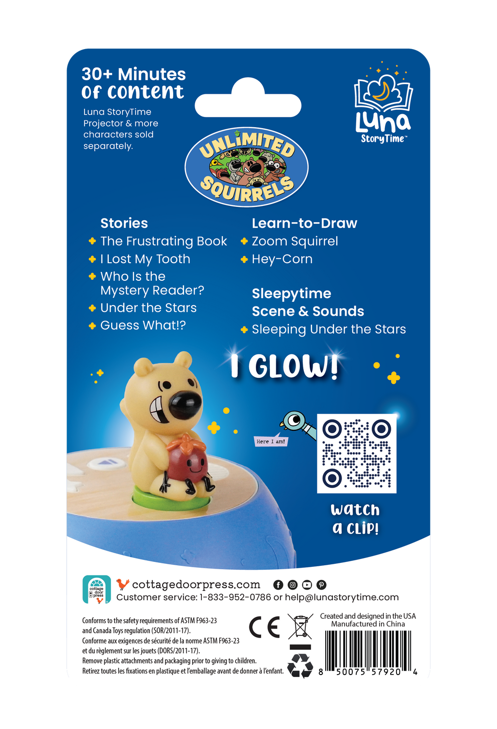 Back of a toy packaging with character and branding details on a blue background