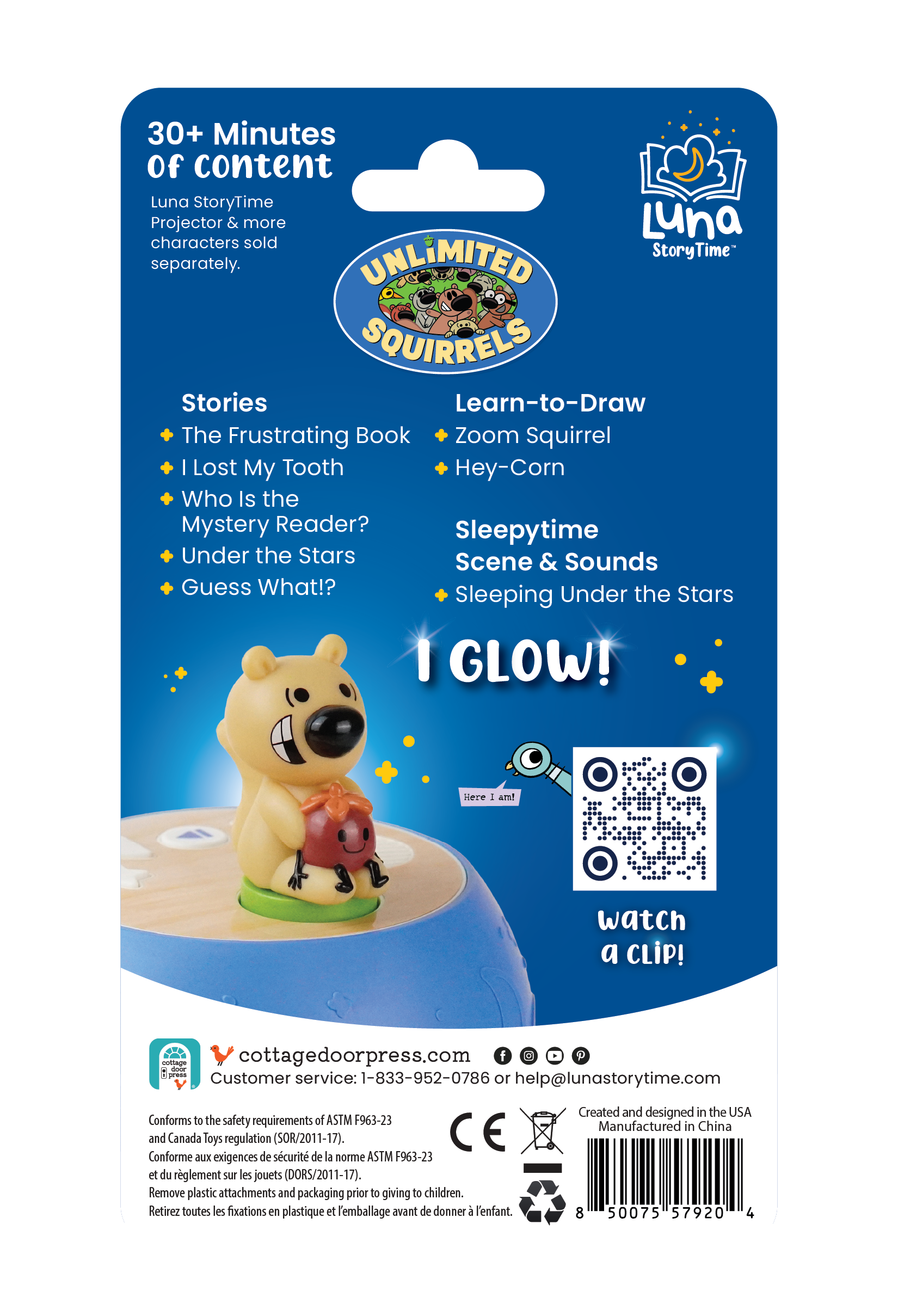 Back of a toy packaging with character and branding details on a blue background