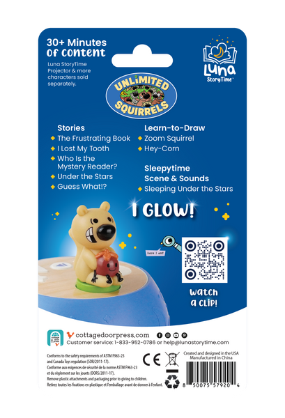 Back of a toy packaging with character and branding details on a blue background