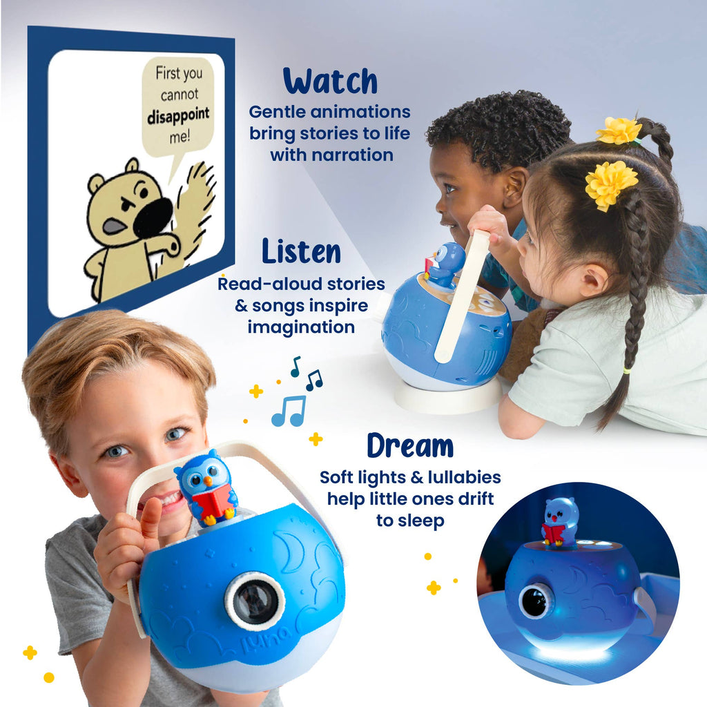 Children playing with a blue toy, with text describing its features.