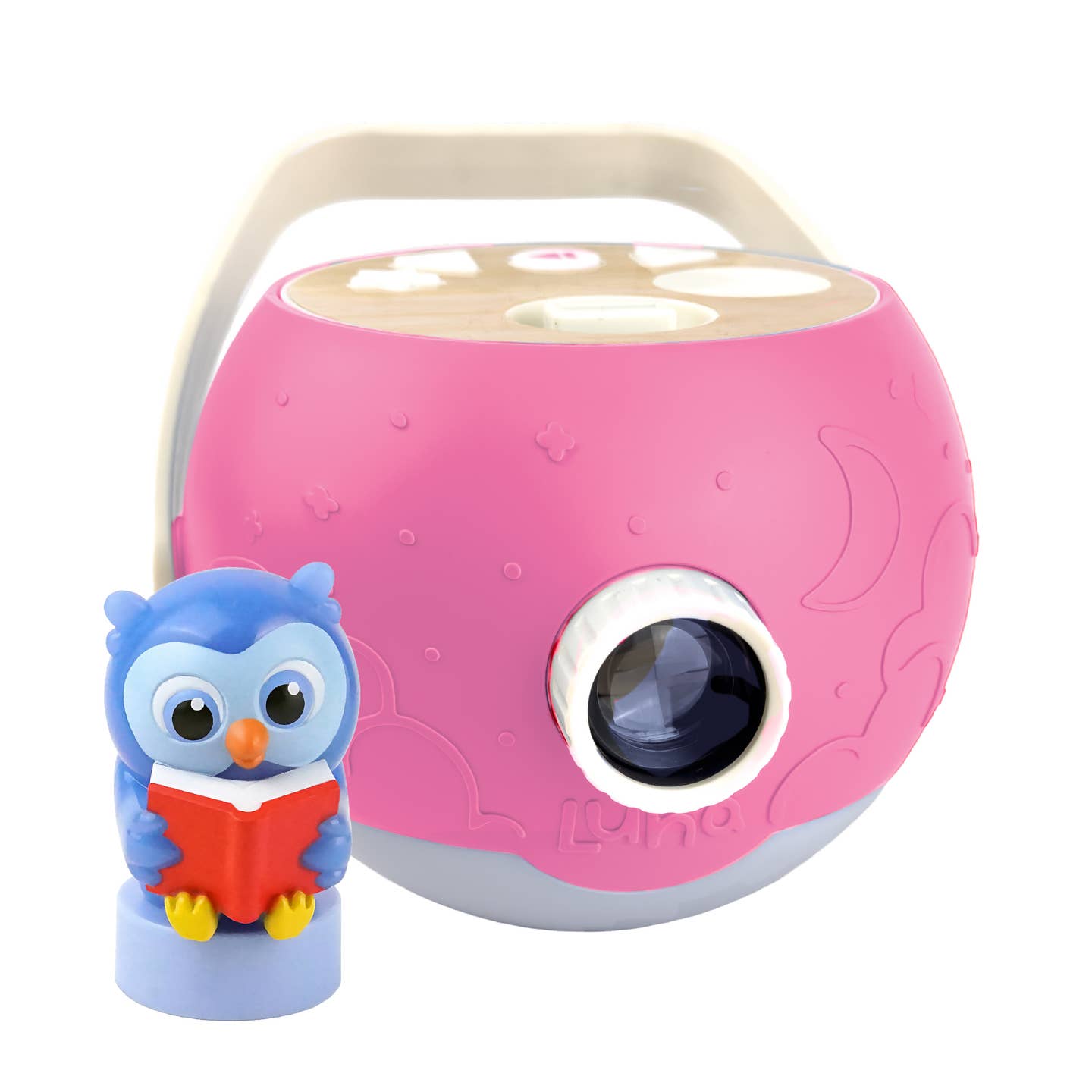Pink children's toy with a blue owl figure holding a book on a white background