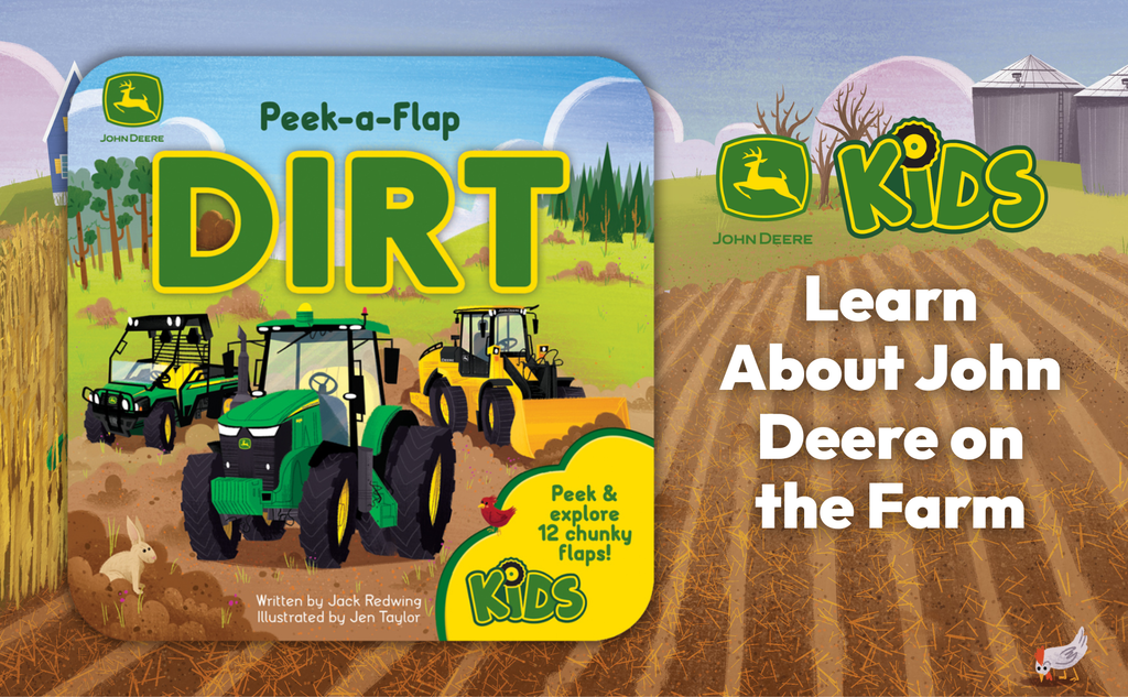 Children's book titled 'Peek-a-Flap Dirt' by John Deere on a farm setting