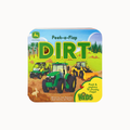 John Deere Peek-a-Flap Kids board book in a square metal tin with rounded corners, featuring colorful tractor illustrations and the title 'DIRT'.