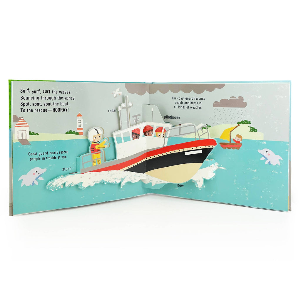 Illustrated page from a children's book with a boat and characters on a white background