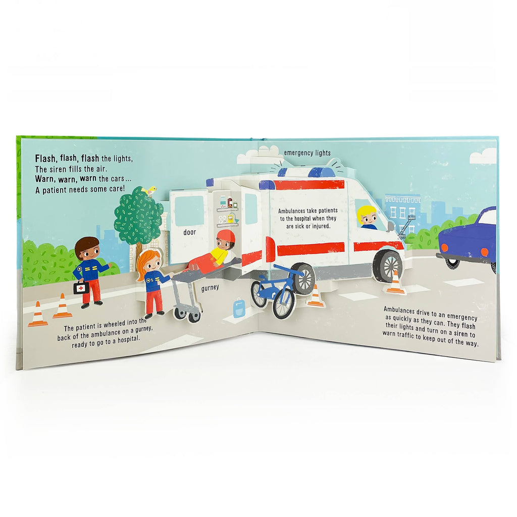 Illustrated book page with an ambulance scene and text.
