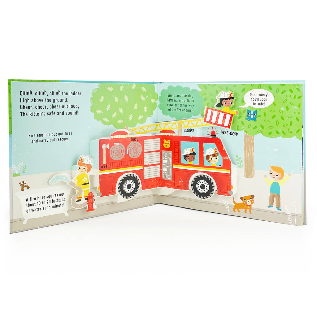 Children's book page with a red fire truck and characters on a white background