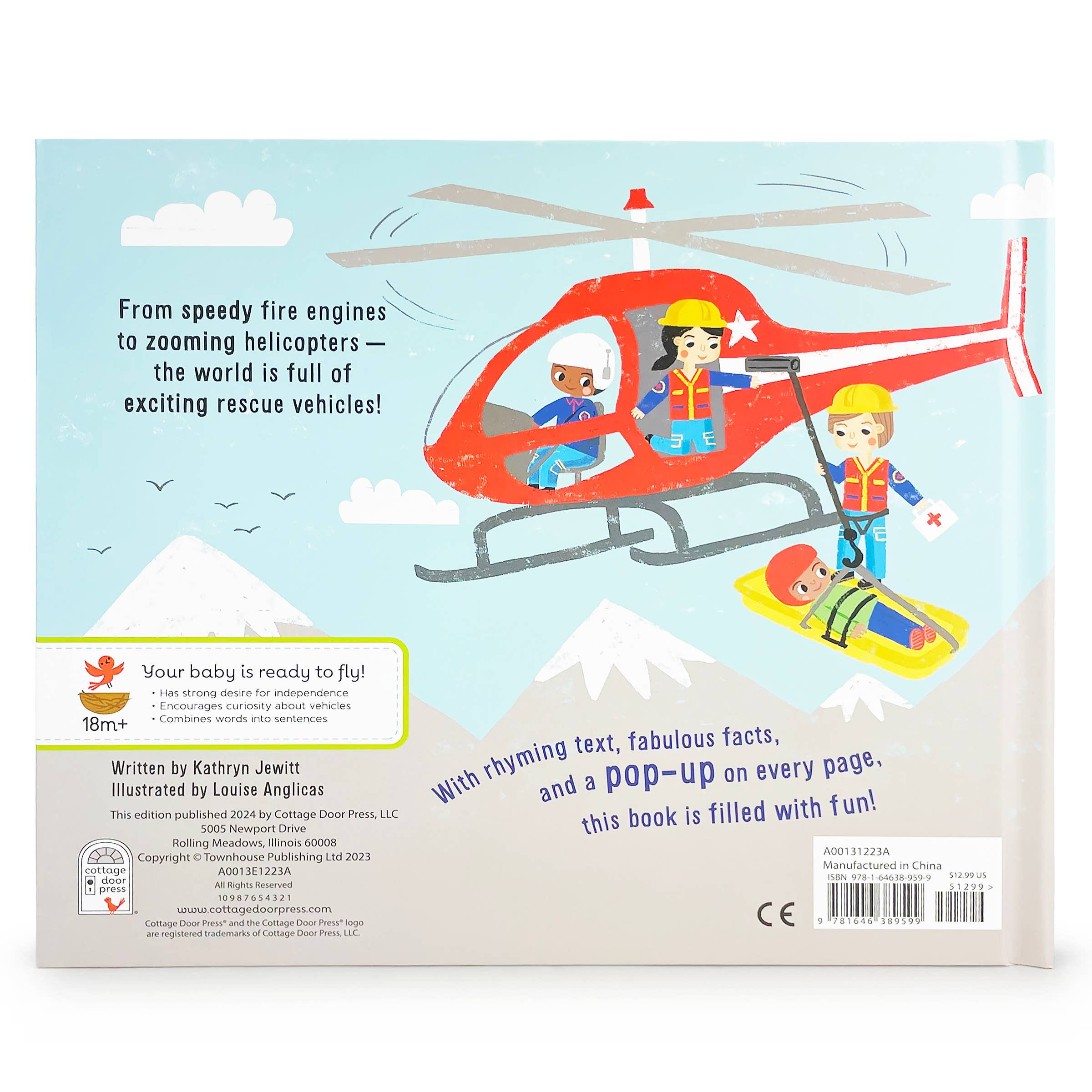 Book cover with a red helicopter and children on a mountain, text about rescue vehicles, and a pop-up element.