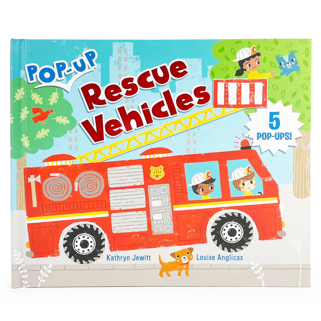 Children's book titled 'Pop-Up Rescue Vehicles' with a fire truck illustration on the cover.