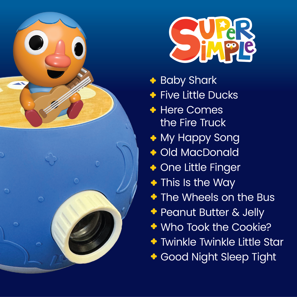 Blue toy with a character on top, featuring a list of nursery rhyme titles on a blue background.