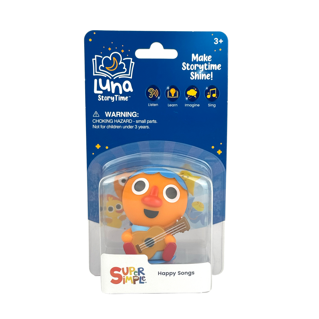 Luna StoryTime toy packaging with an orange character holding a guitar on a white background