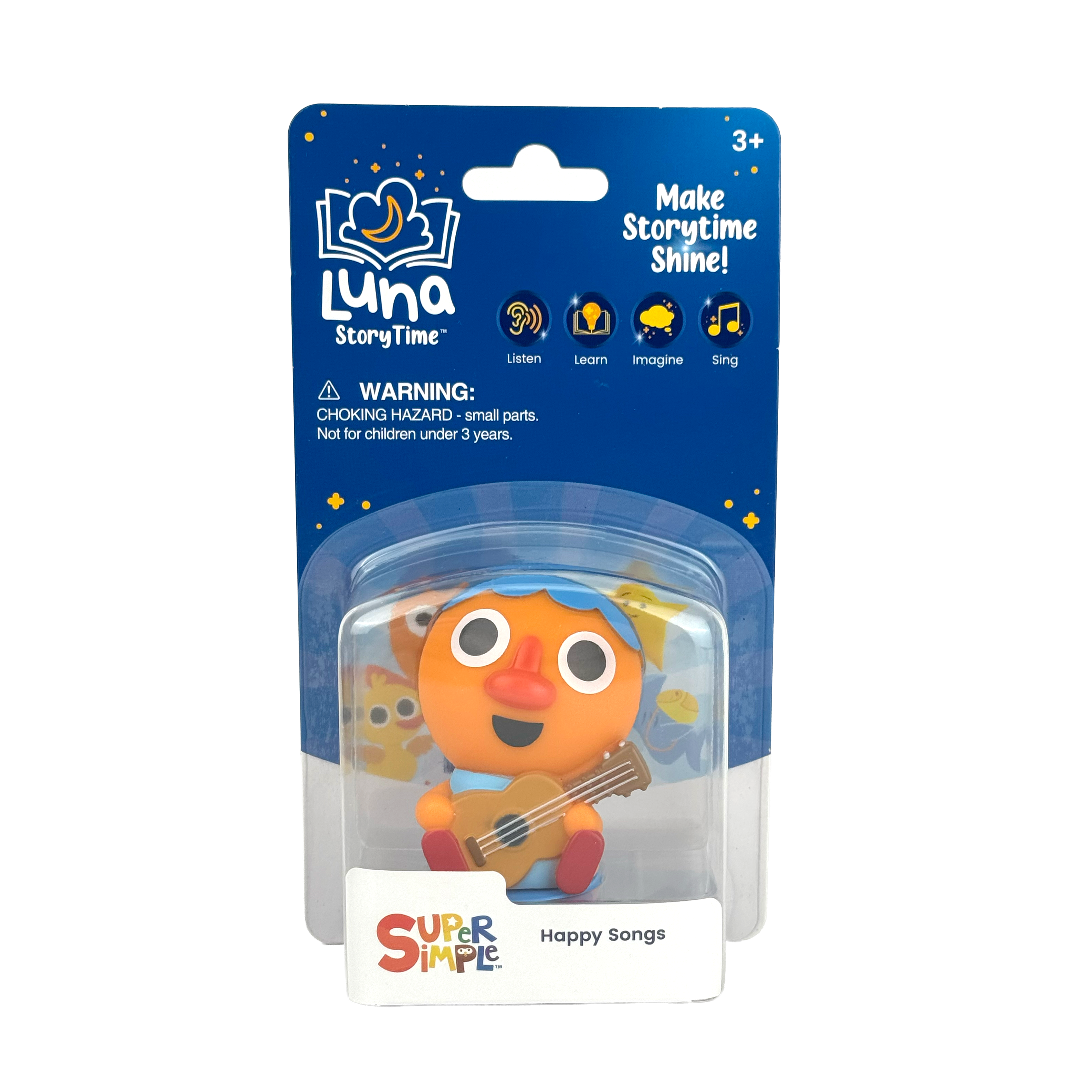 Luna StoryTime toy packaging with an orange character holding a guitar on a white background
