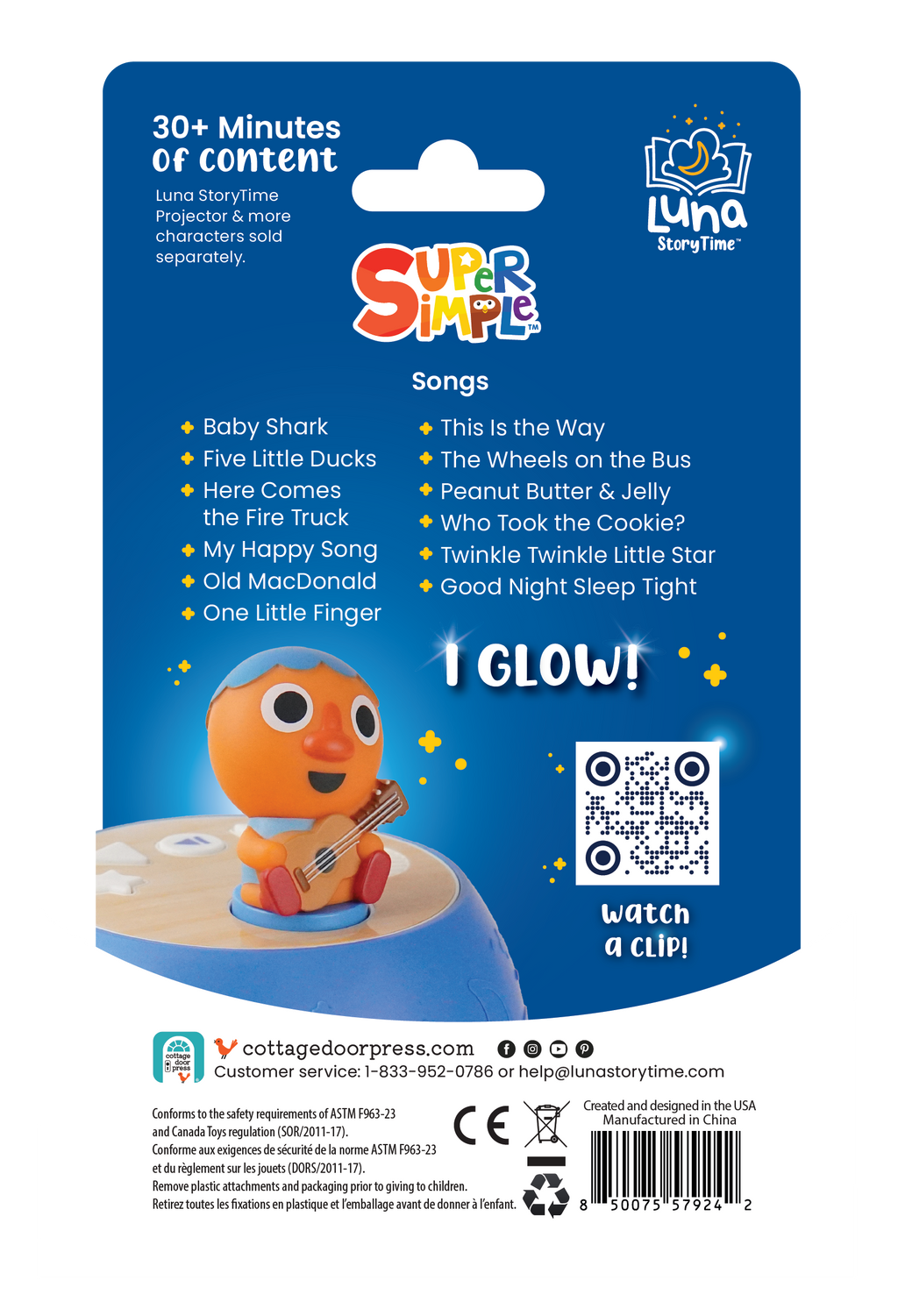 Super Simple character packaging with a blue background and QR code