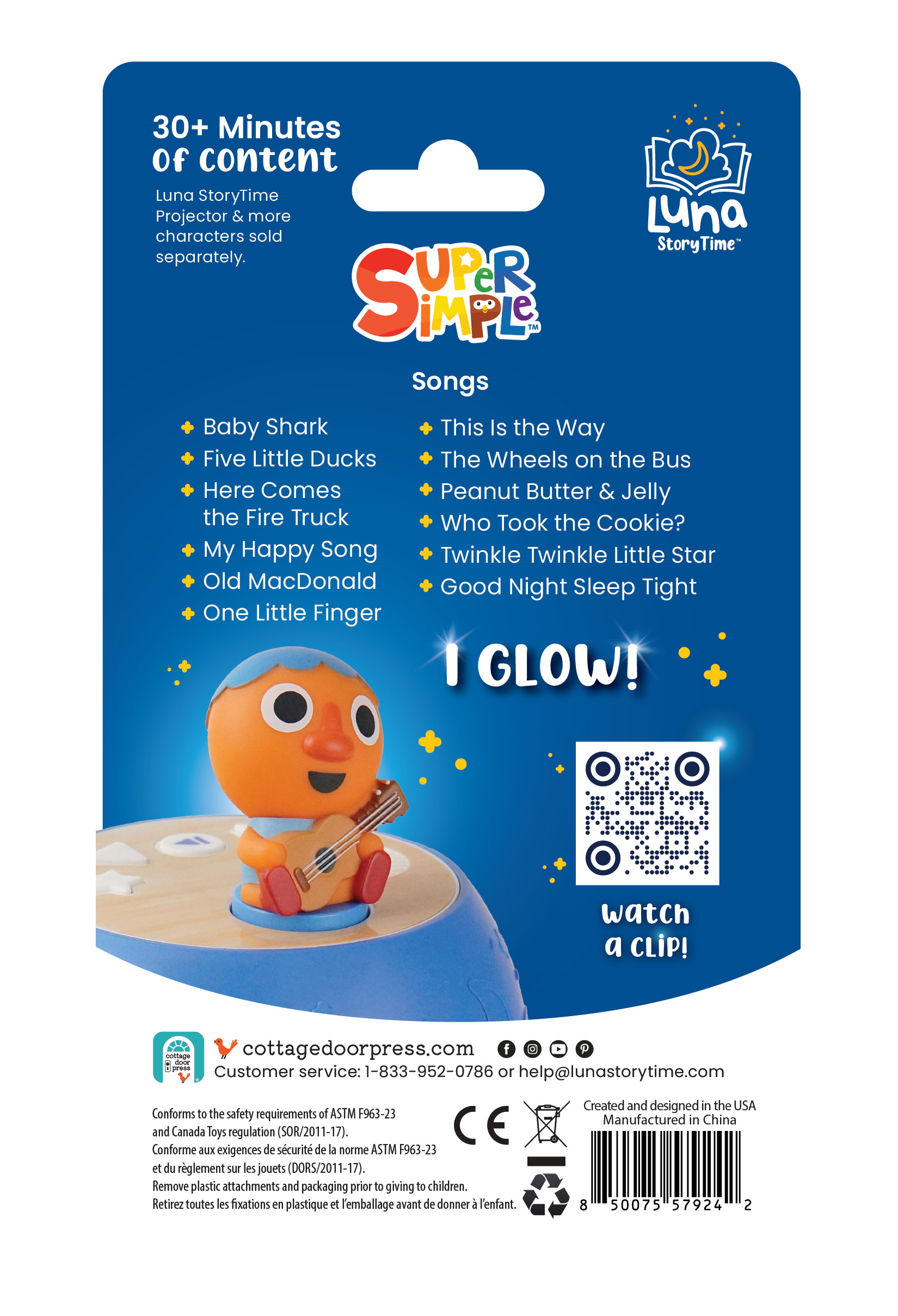 Super Simple character packaging with a blue background and QR code