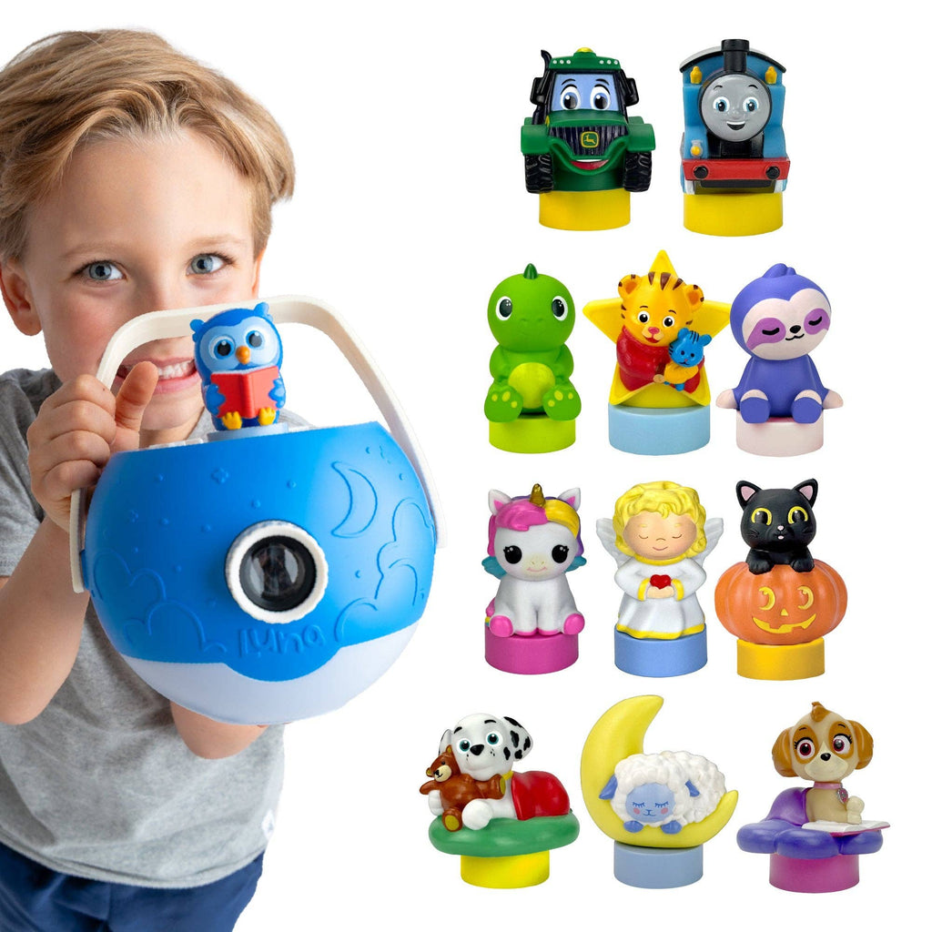 Child holding a blue toy camera with small character figures displayed on a white background