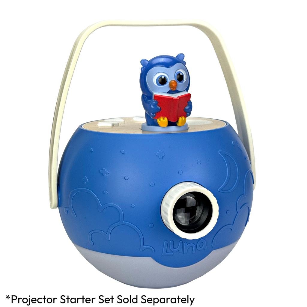Blue owl projector with a white handle on a white background
