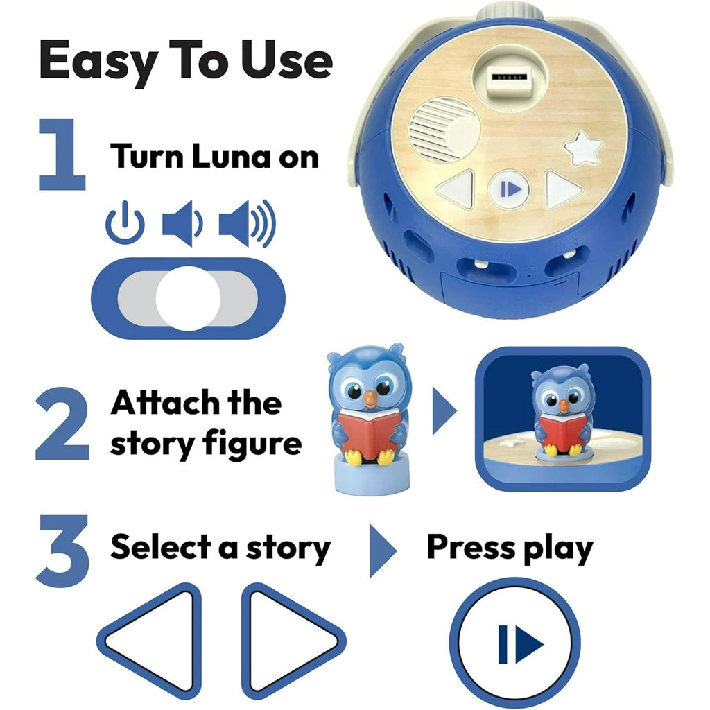 Instructions for using a blue and wooden device with an owl figure, showing how to turn it on, attach the story figure, and select a story.