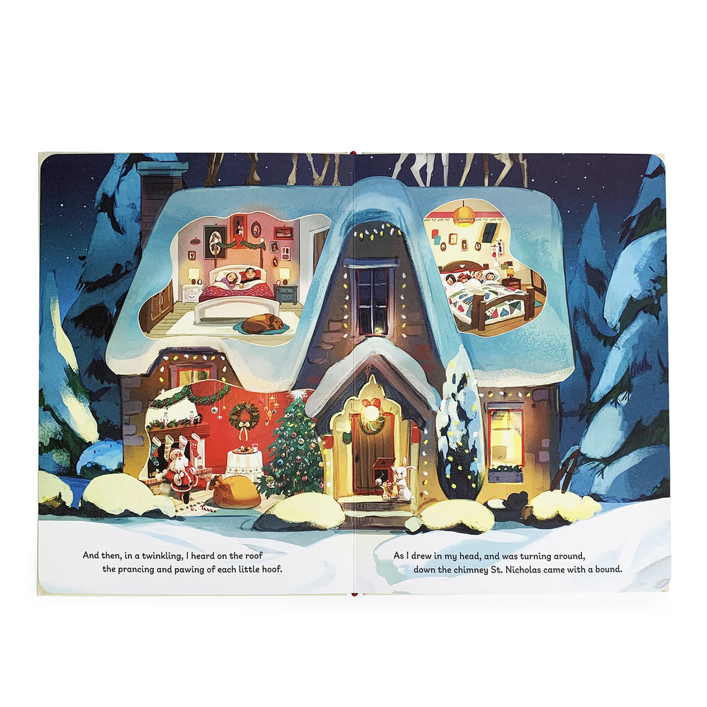 A children's board book or picture book page showing a snowy winter night scene with a cozy snow-covered house, warm glowing windows, and illustrated text at the bottom.