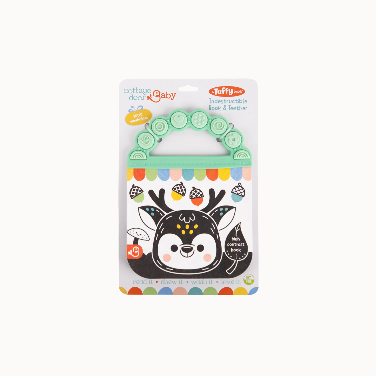 A packaged baby teething toy set from Cottagecore Baby and Tuffy. The set includes a mint green silicone teethers bar and a black-and-white woodland-themed interactive book with colorful accents, all mounted on a white backing card.