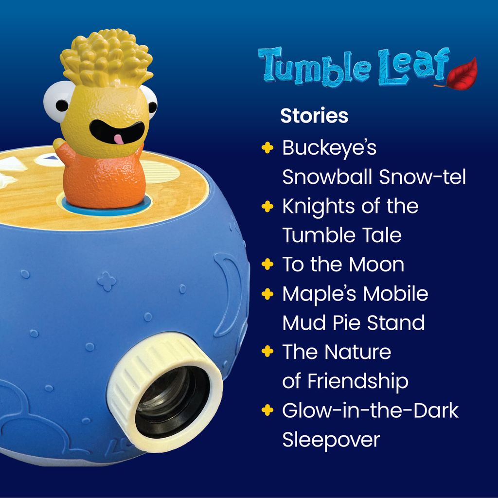 Toy with a character on top against a blue background, featuring the Tumble Leaf brand.