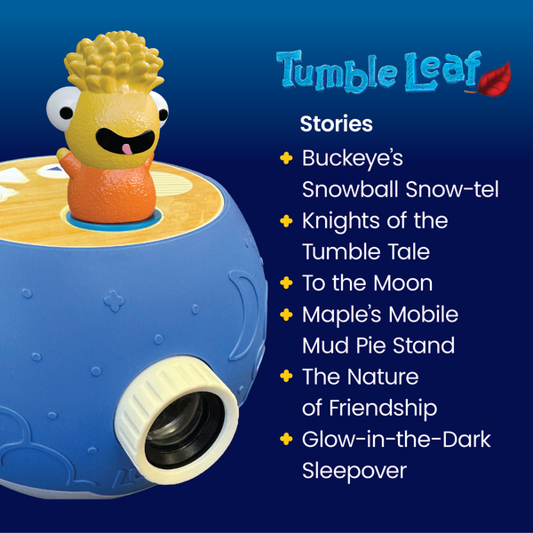Toy with a character on top against a blue background, featuring the Tumble Leaf brand.