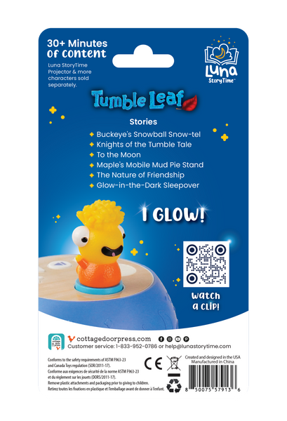 Tumble Leaf product packaging with a glowing character on a blue background
