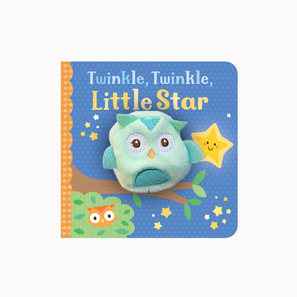 Twinkle, Twinkle, Little Star baby board book featuring a plush teal owl toy on a blue cover with yellow stars and an orange spine.