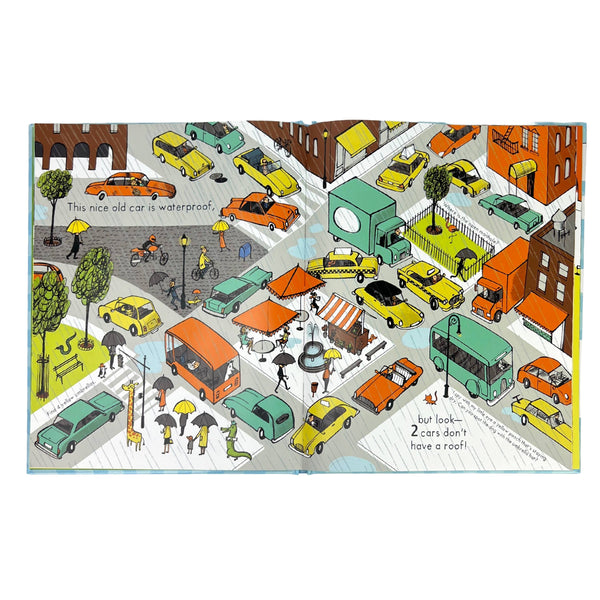 Illustration of a busy city street with various vehicles and people.