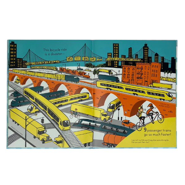 Illustration of a chaotic urban scene with trains, buses, and bicycles on a bridge.