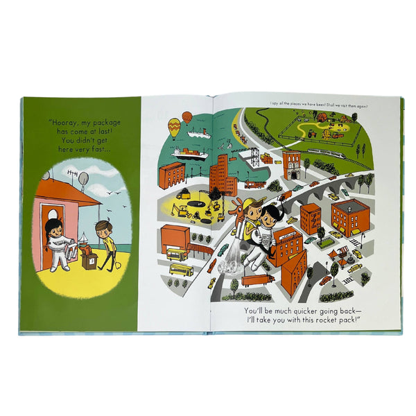 Open book with illustrated pages showing a cityscape and two characters, with text on a white background.