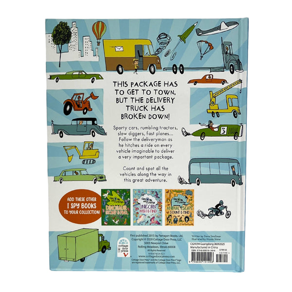 Back cover of a children's book with illustrations of vehicles and text.
