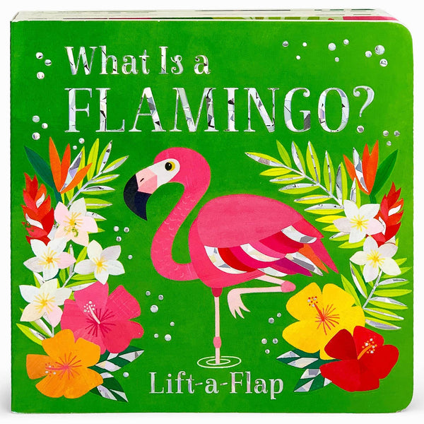 Children's book cover with a flamingo illustration on a green background