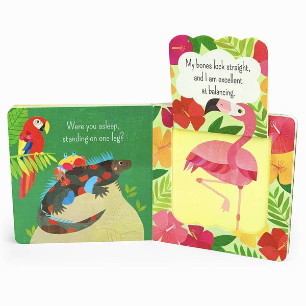 Children's book with colorful illustrations of animals and text on a white background