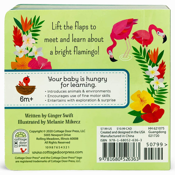 Back cover of a children's book with flamingo illustrations and text about learning and exploration.