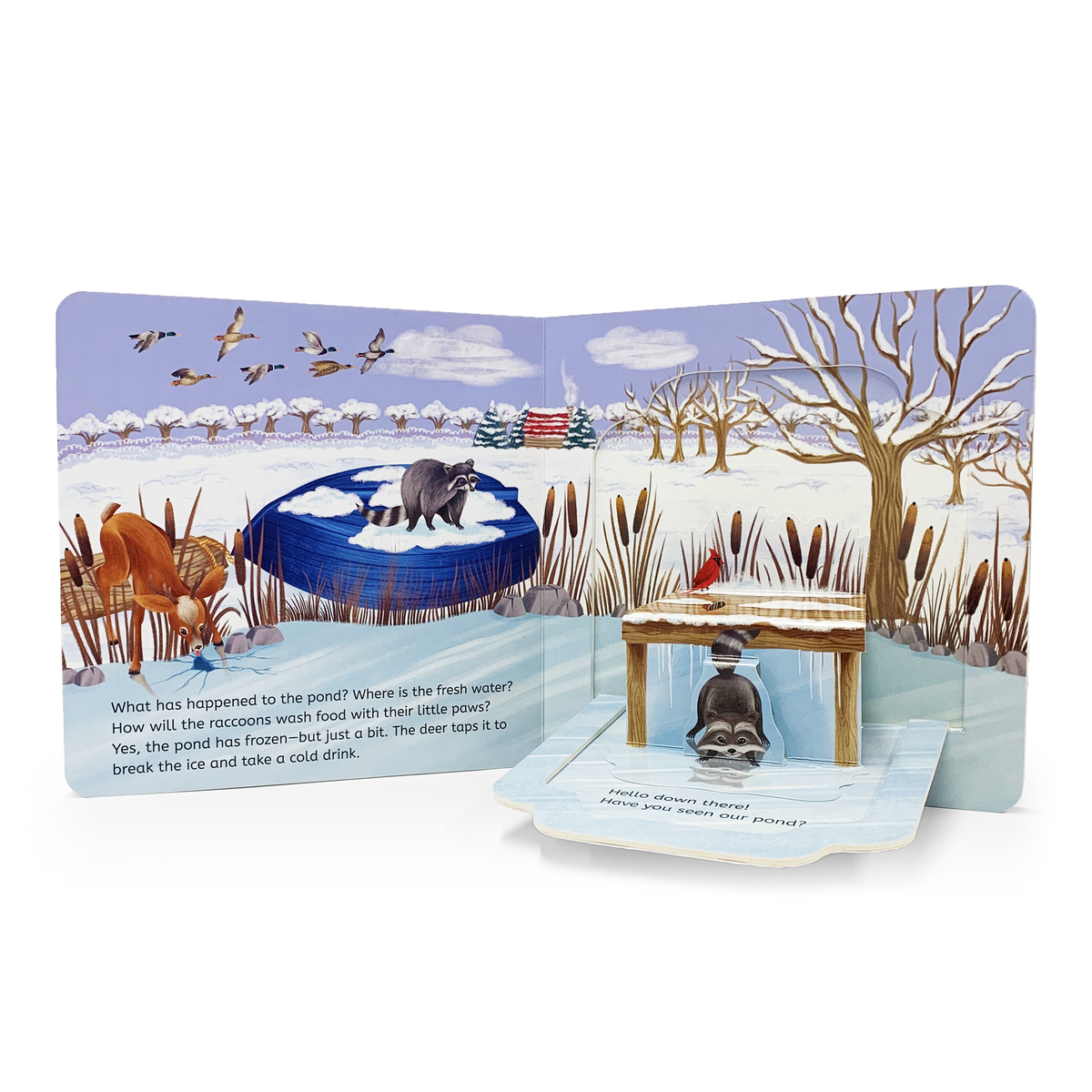 Illustrated children's book open to a snowy scene with animals and text.