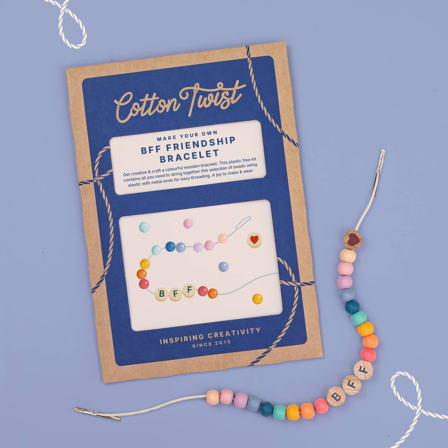 Cotton Twist friendship bracelet kit with colorful beads and 'BFF' letters on a blue background