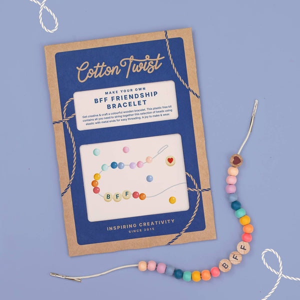 Cotton Twist friendship bracelet kit with colorful beads and 'BFF' letters on a blue background