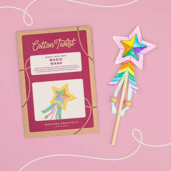 Cotton Twist magic wand kit with a colorful star-shaped wand on a pink background
