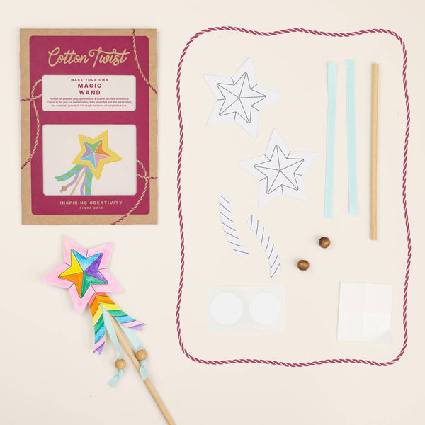 Cotton Twist craft kit with colorful star wand and materials on a beige background